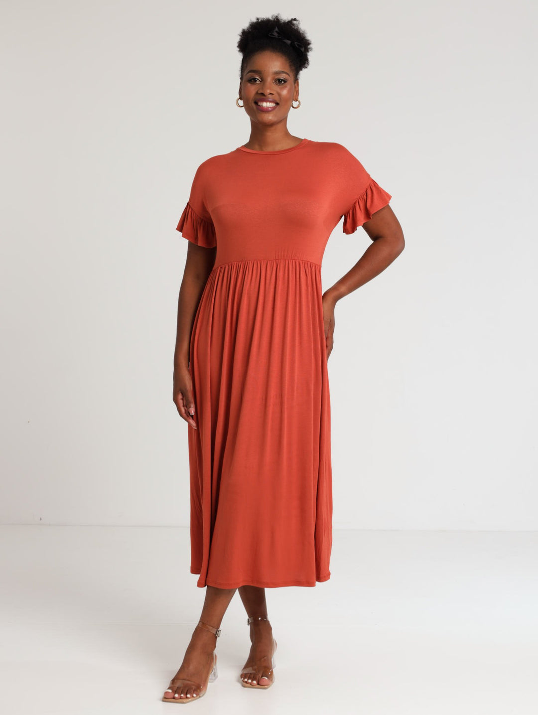 Ladies Ladies Short Sleeve Waisted Frill Jersey Dress Rust – Edgars