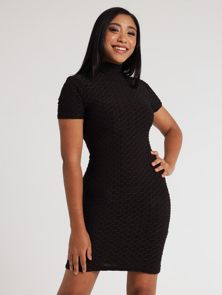 Ladies Short Sleeve Textured Bodycon Dress - Black
