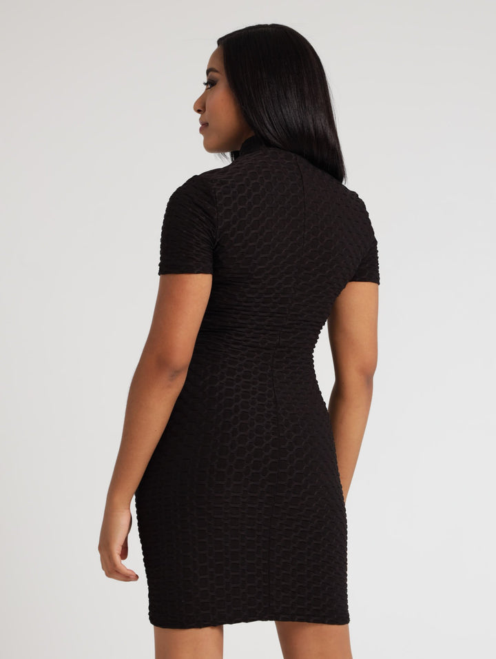 Ladies Short Sleeve Textured Bodycon Dress - Black