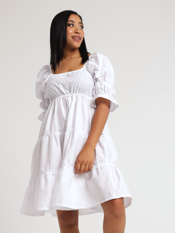 Ladies 3/4 Elastic Sleeve And Waist Poplin Dress - White