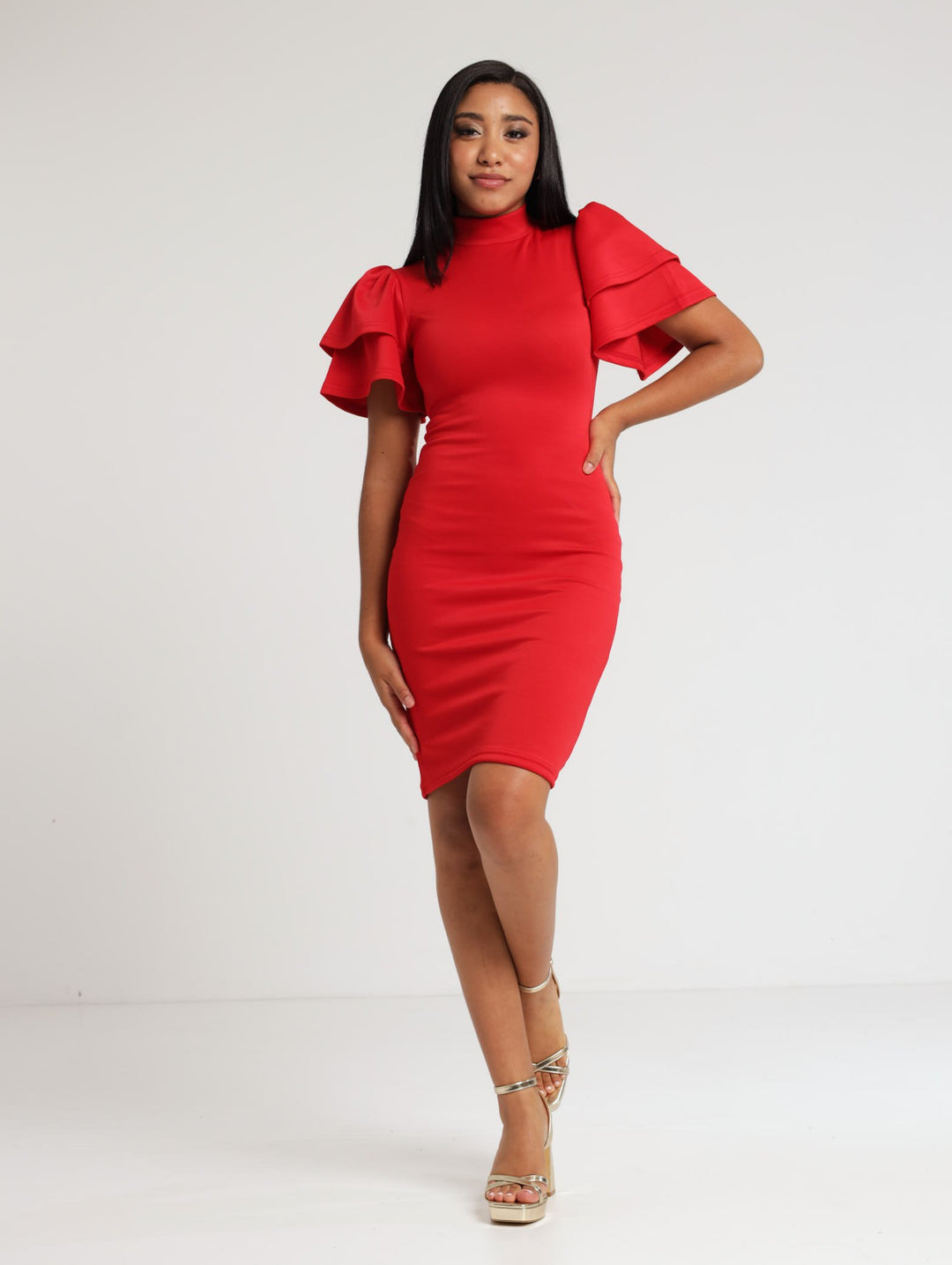 Ladies Short Sleeve Tulip Bodycon Dress - Red