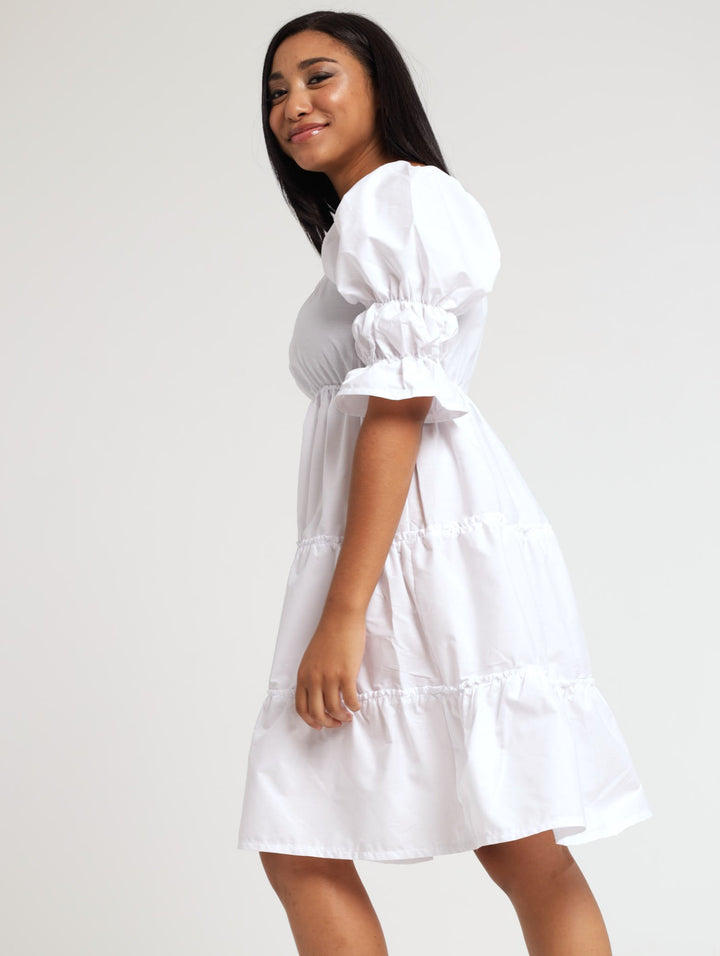 Ladies 3/4 Elastic Sleeve And Waist Poplin Dress - White