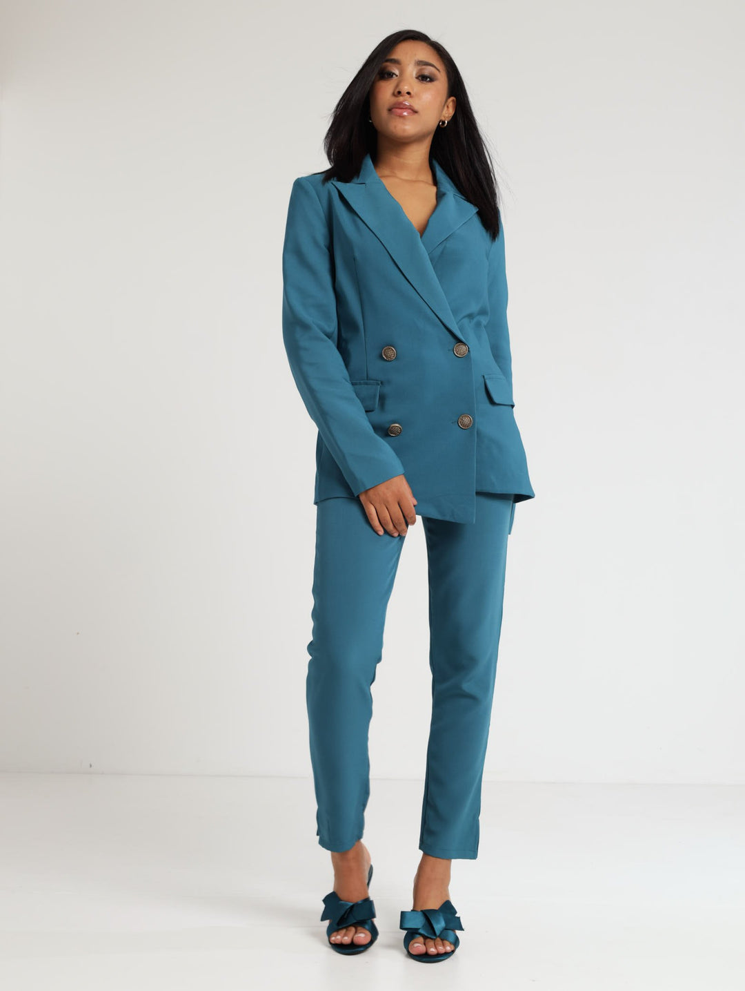 Ladies Double Breasted Gold Button Blazer - Teal