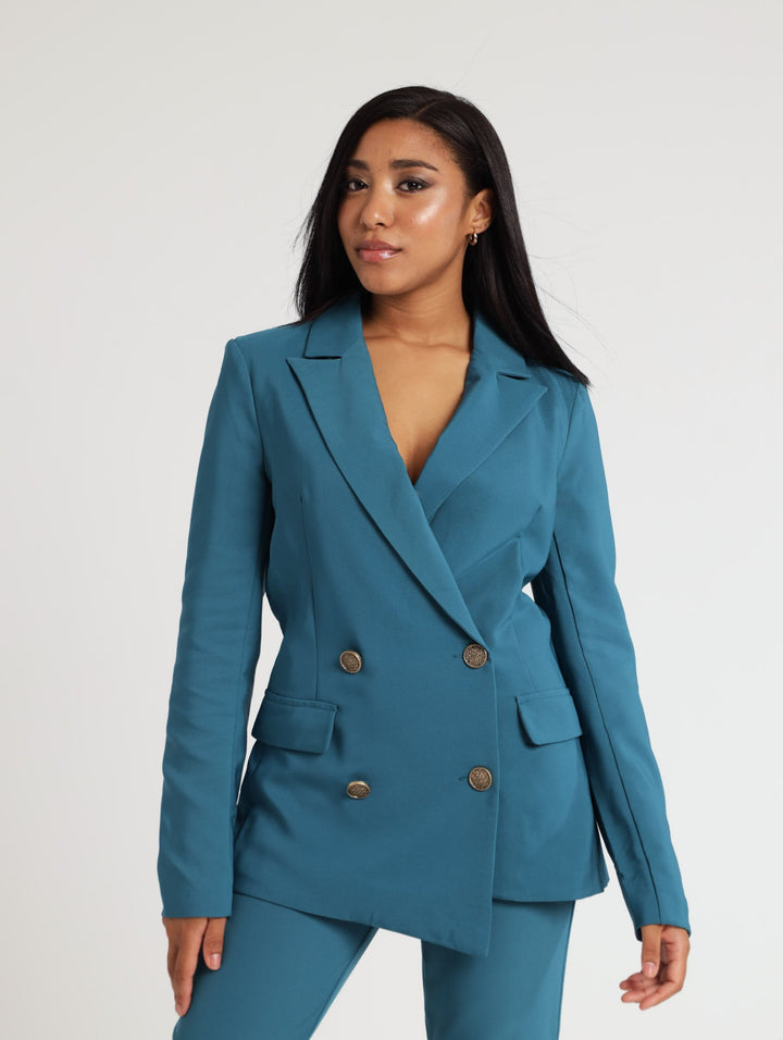 Ladies Double Breasted Gold Button Blazer - Teal