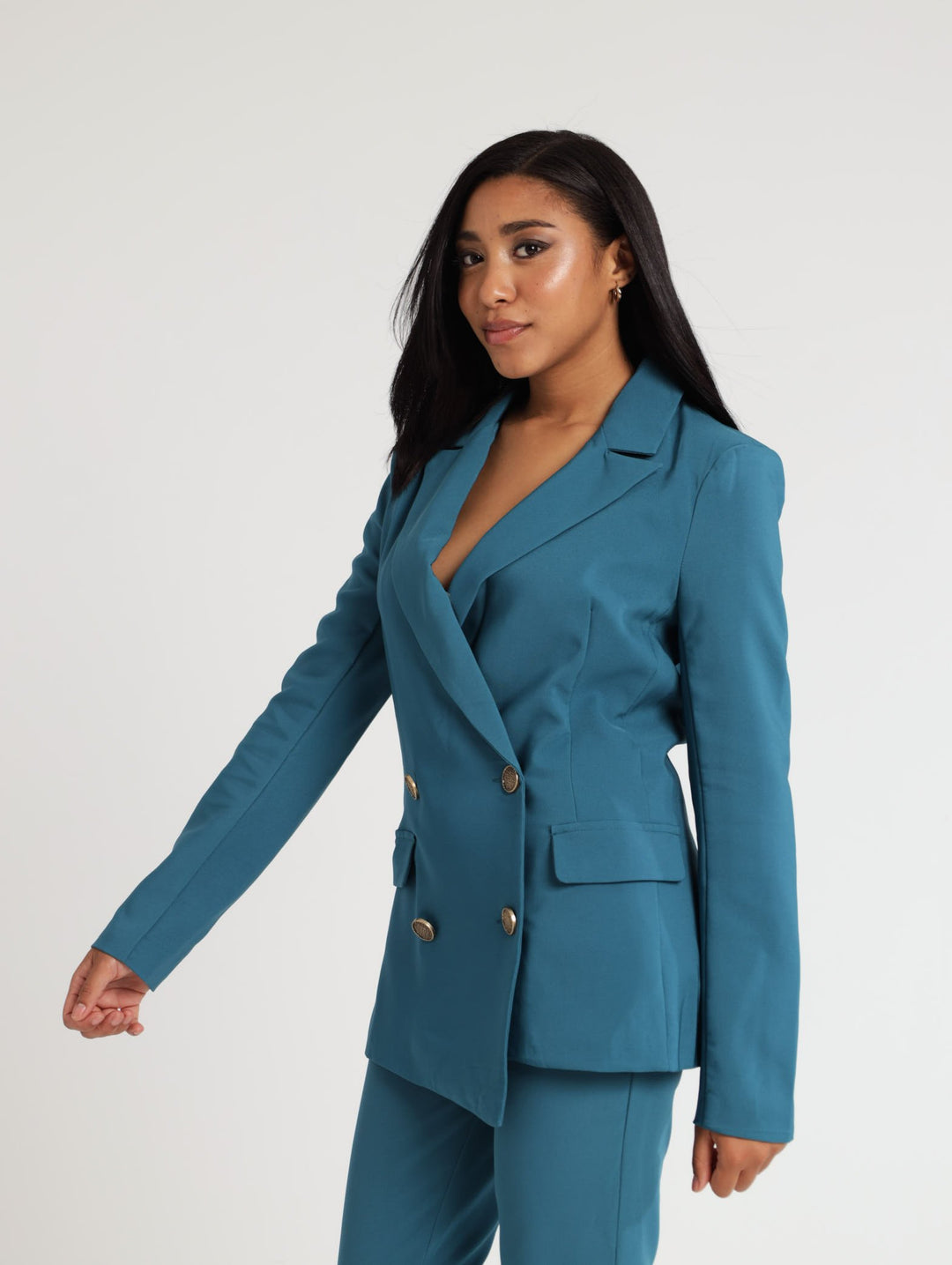 Ladies Double Breasted Gold Button Blazer - Teal