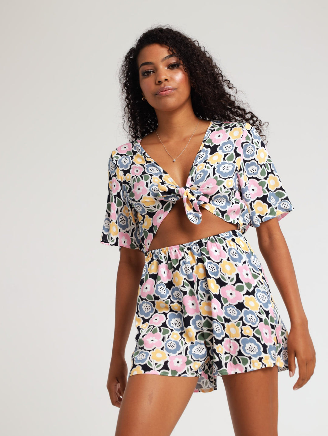 Ladies Tie Front Floral Romper Jumpsuit