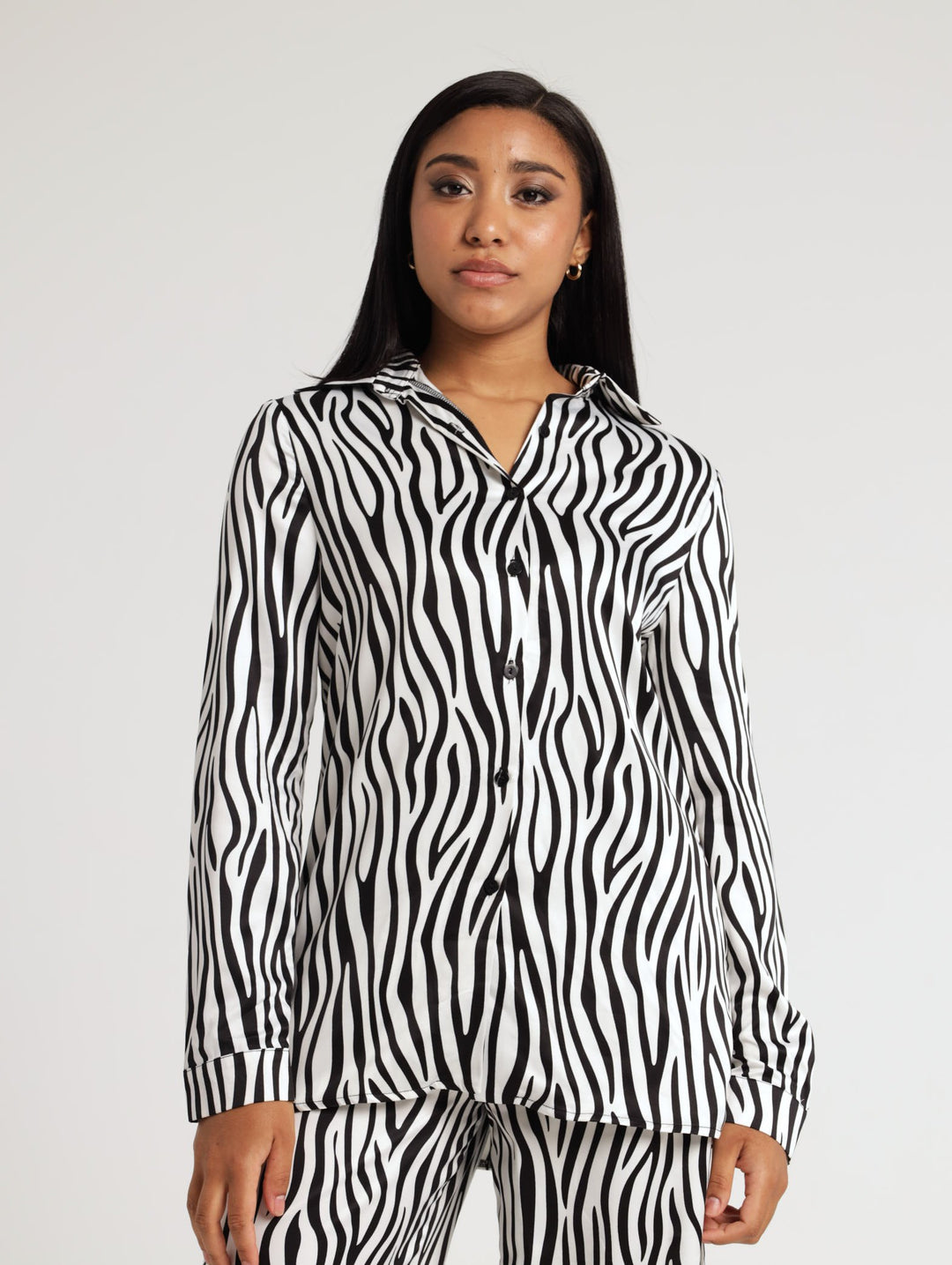 Ladies Long Sleeve Zebra Print Satin Shirt - Cream