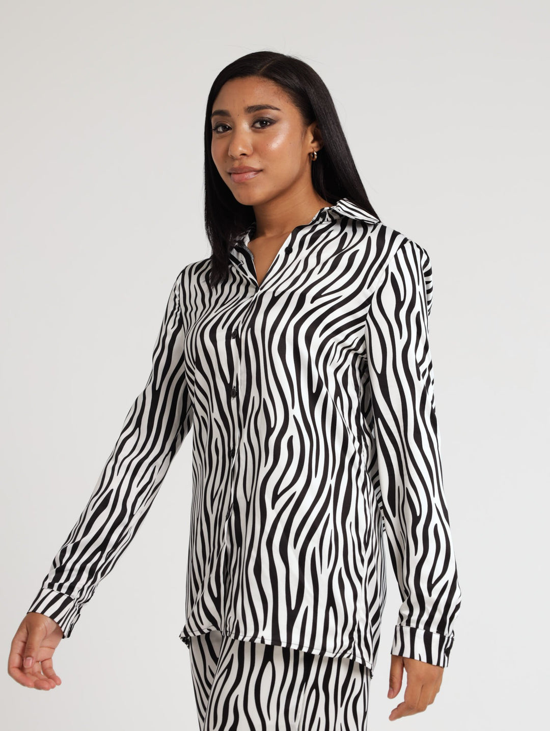 Ladies Long Sleeve Zebra Print Satin Shirt - Cream