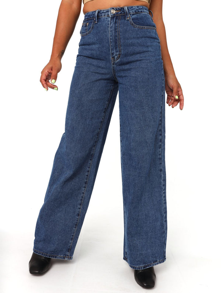 Ladies Mid Blue Extra Wide Hi-Waisted Denim Jean