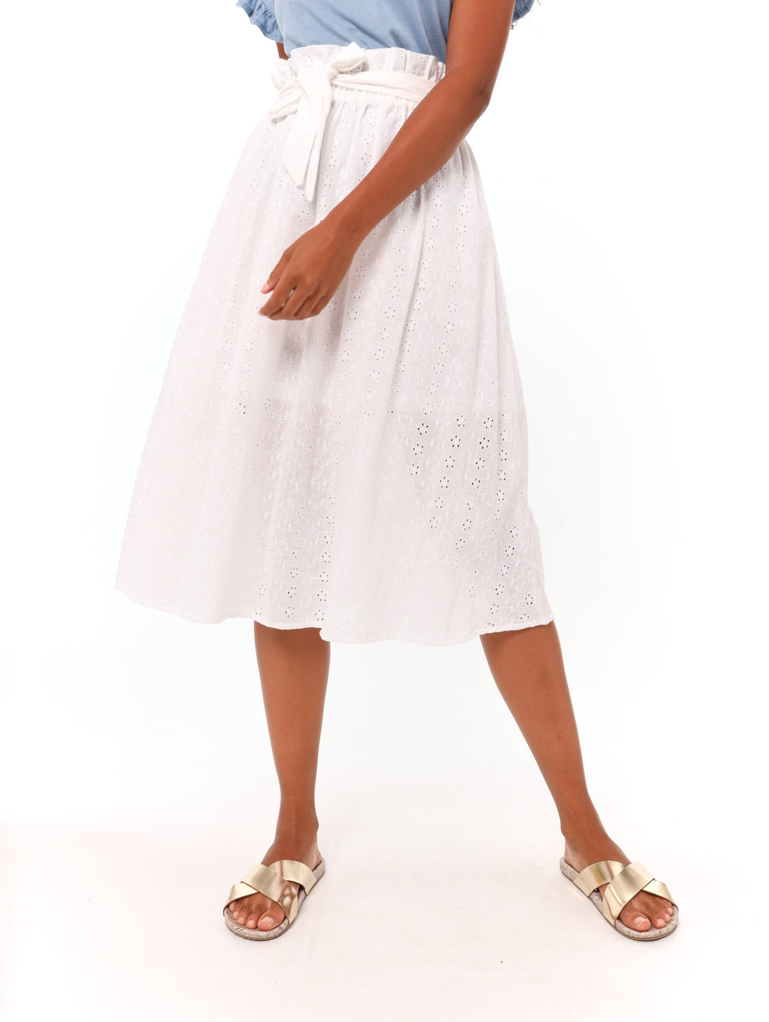 Ladies Anglaise Flared Midi Skirt - White