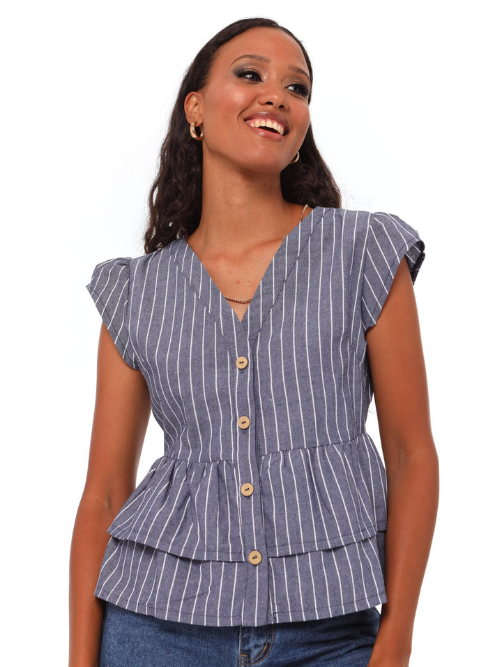 Ladies Stripe Double Peplum Blouse - White/Blue