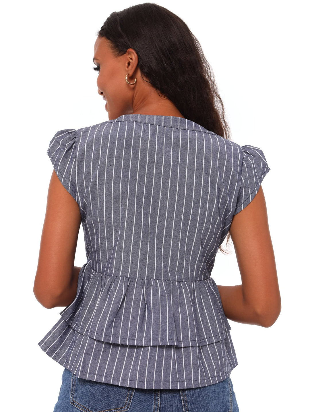 Ladies Stripe Double Peplum Blouse - White/Blue