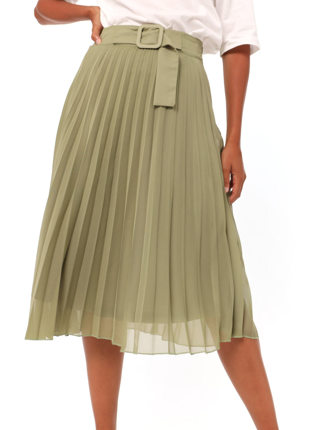 Ladies Self Belt Pleated Chiffon Skirt - Fatigue