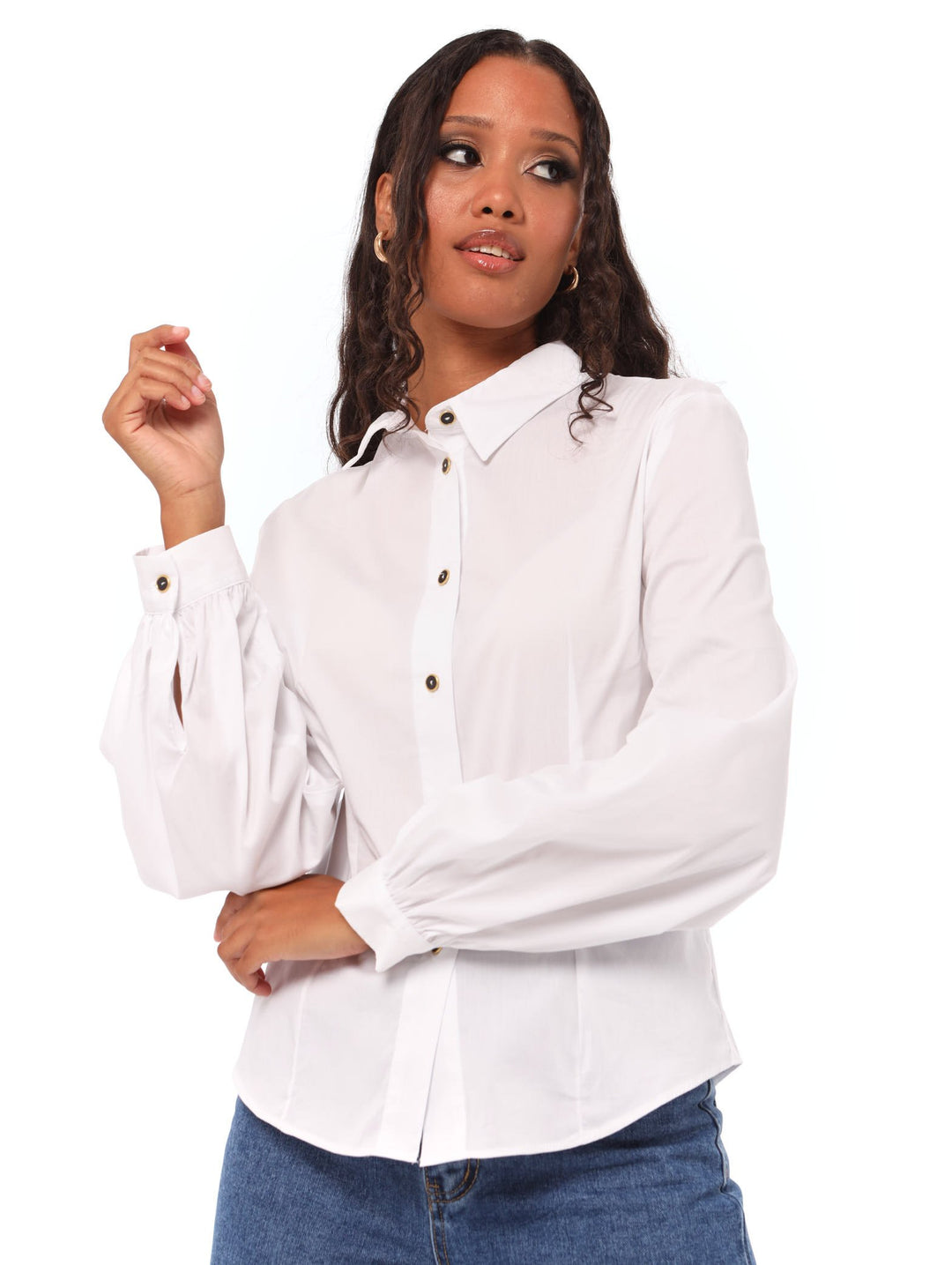 Ladies Slim Fit Button Detail Shirt - White