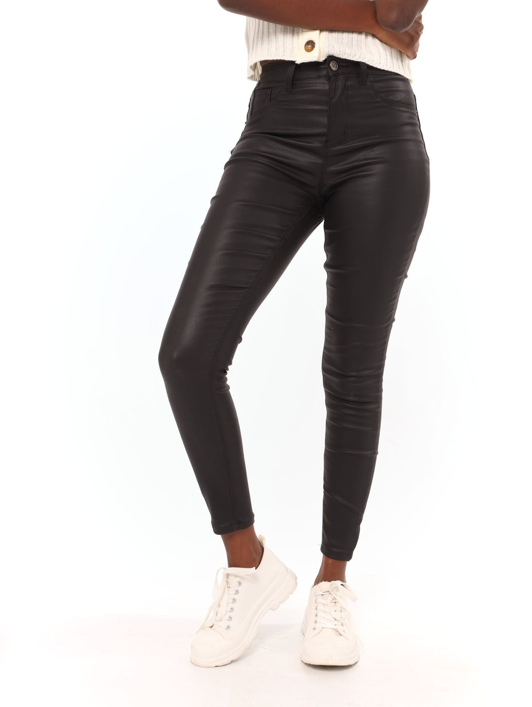 Ladies 5 Pocket PU Skinny Pant - Black