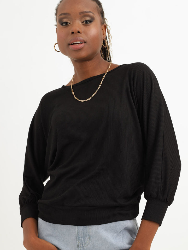 Ladies Long Sleeve Slouchy Batwing Top - Black