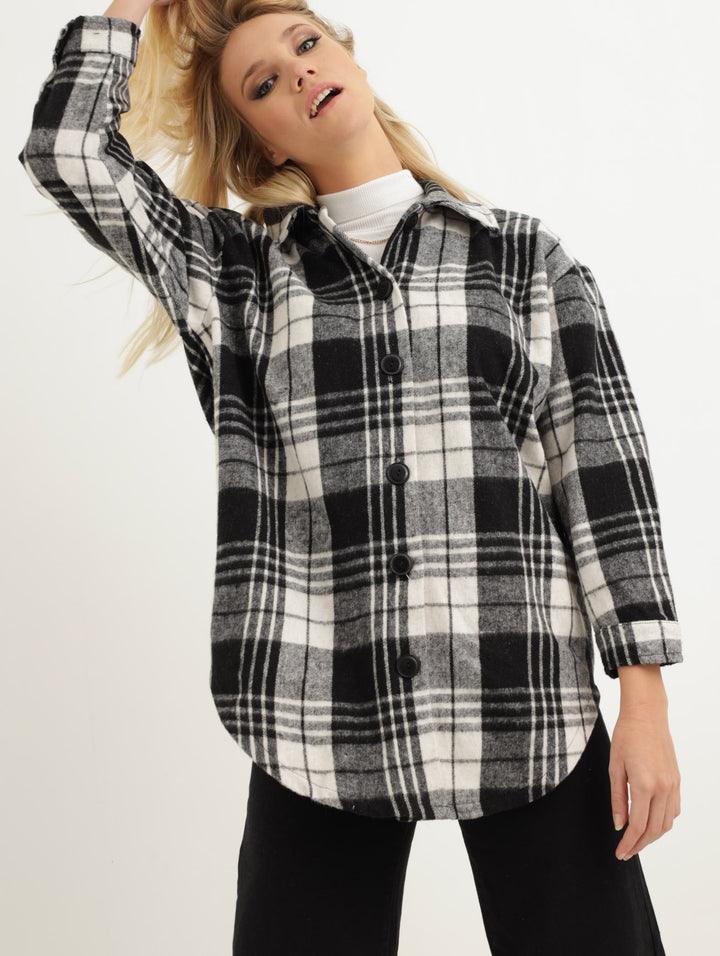 Ladies Check Shacket - Black/White