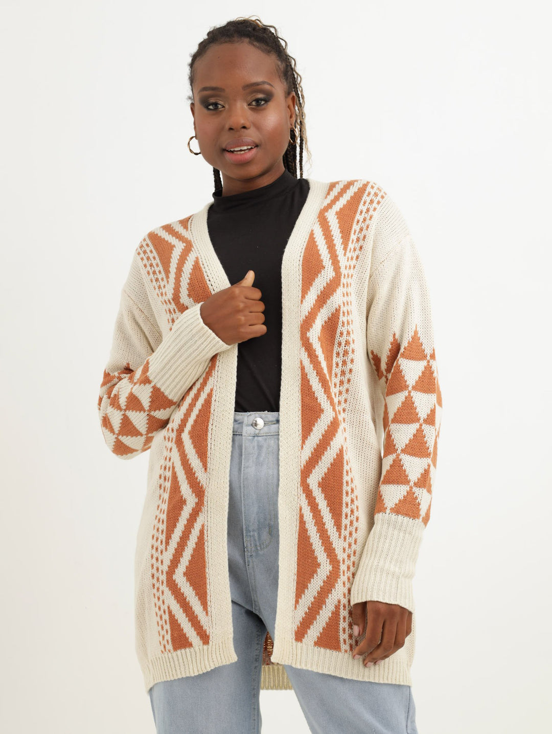 Ladies Geometric Intarsia Cardigan Terracotta - Main Image