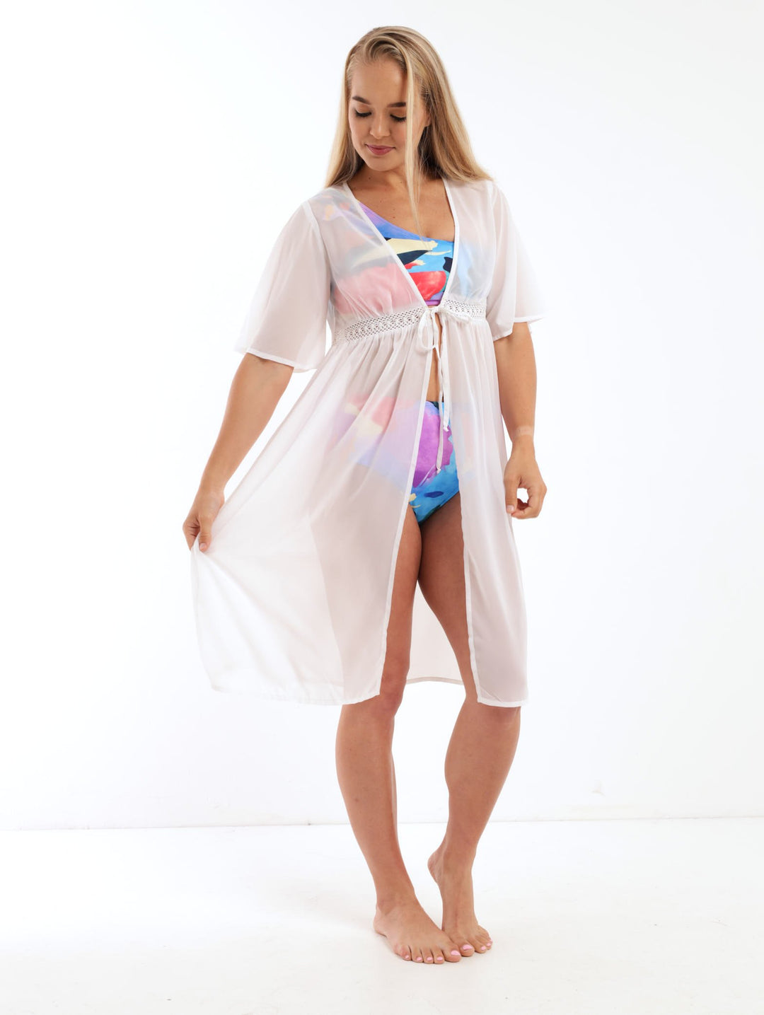 Ladies Open Lace Kaftan Maxi Cover Up - White