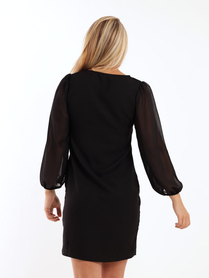 Ladies Chiffon Sleeve Shift Dress - Black