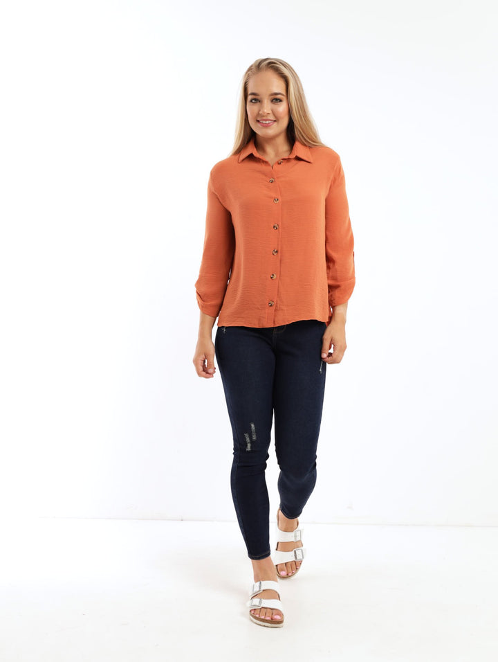 Ladies Long Sleeve Hammered Satin Shirt - Caramel