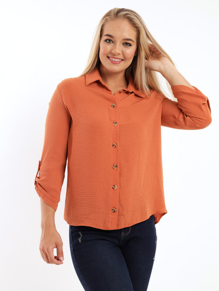 Ladies Long Sleeve Hammered Satin Shirt - Caramel