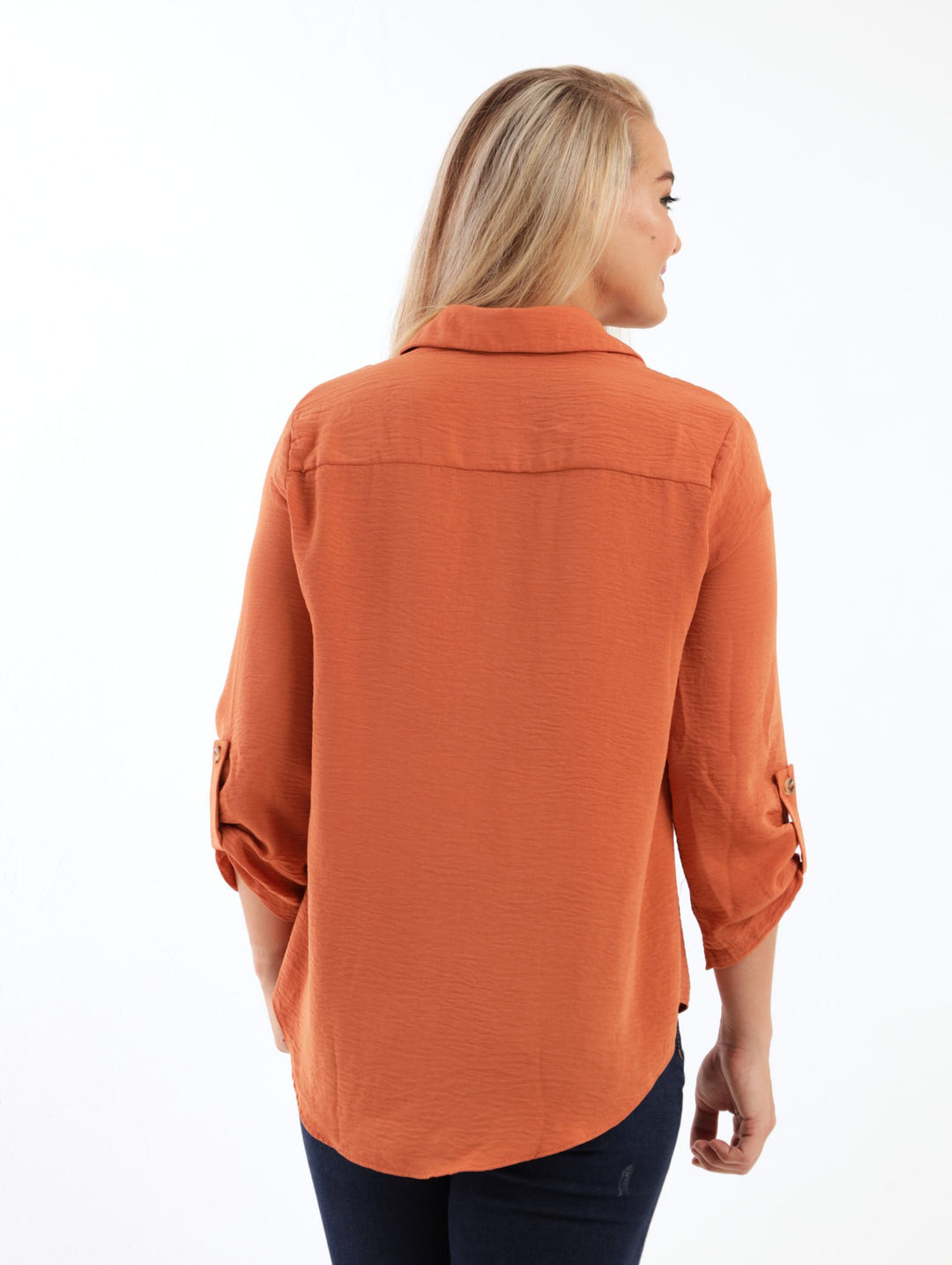 Ladies Long Sleeve Hammered Satin Shirt - Caramel