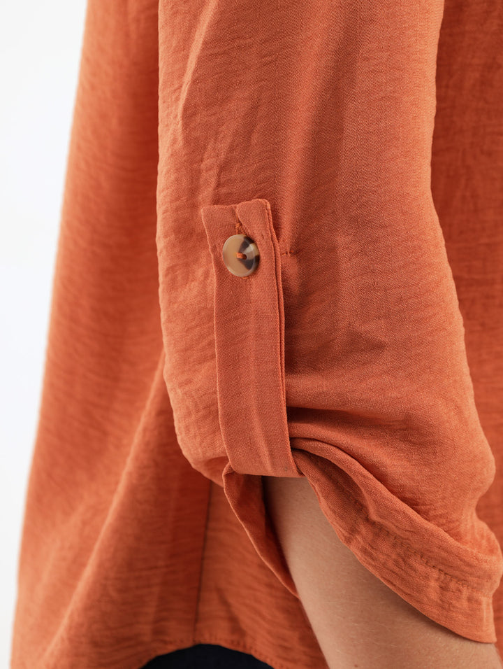 Ladies Long Sleeve Hammered Satin Shirt - Caramel