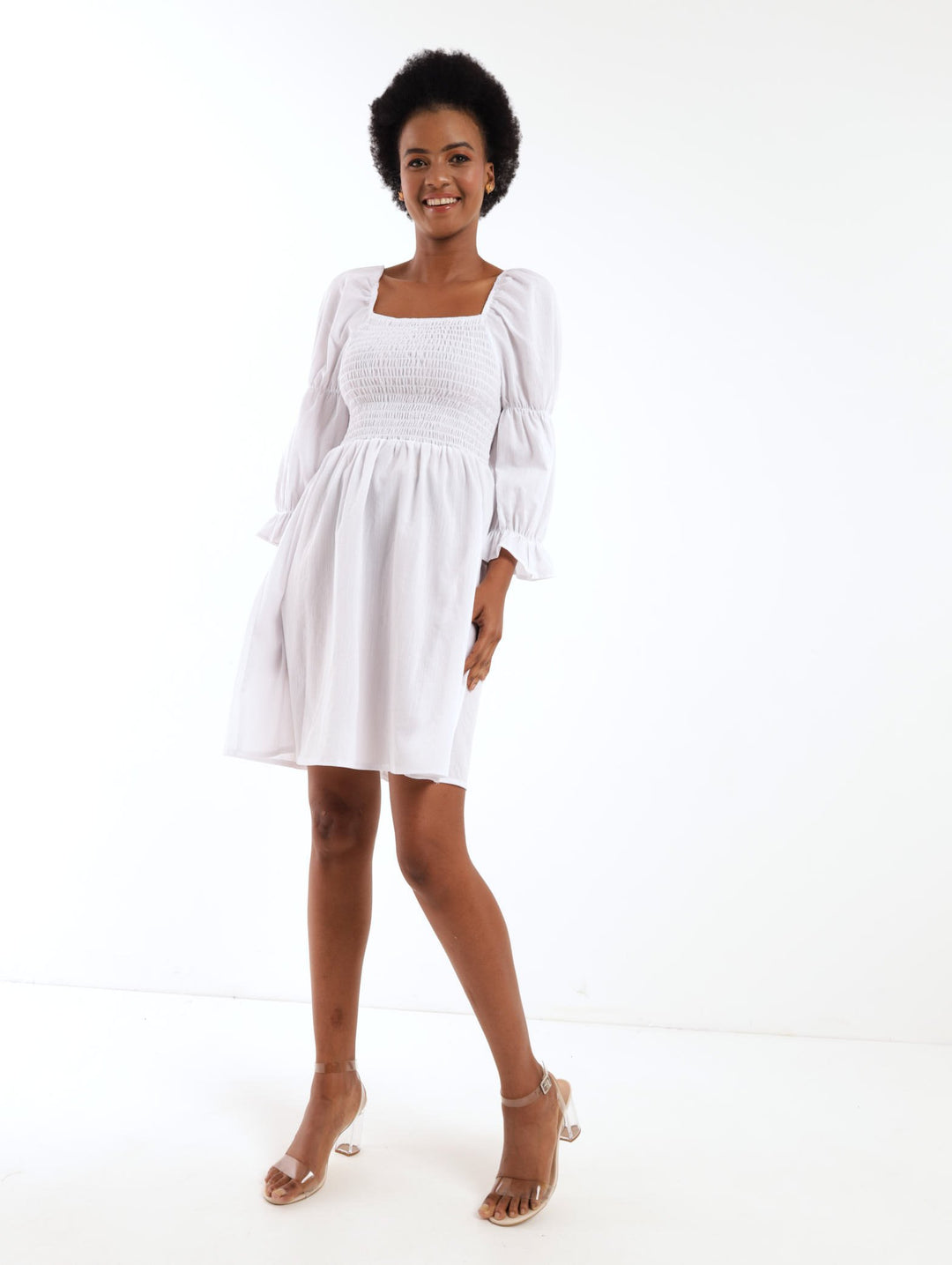 Ladies Shirred Mini Dress - White