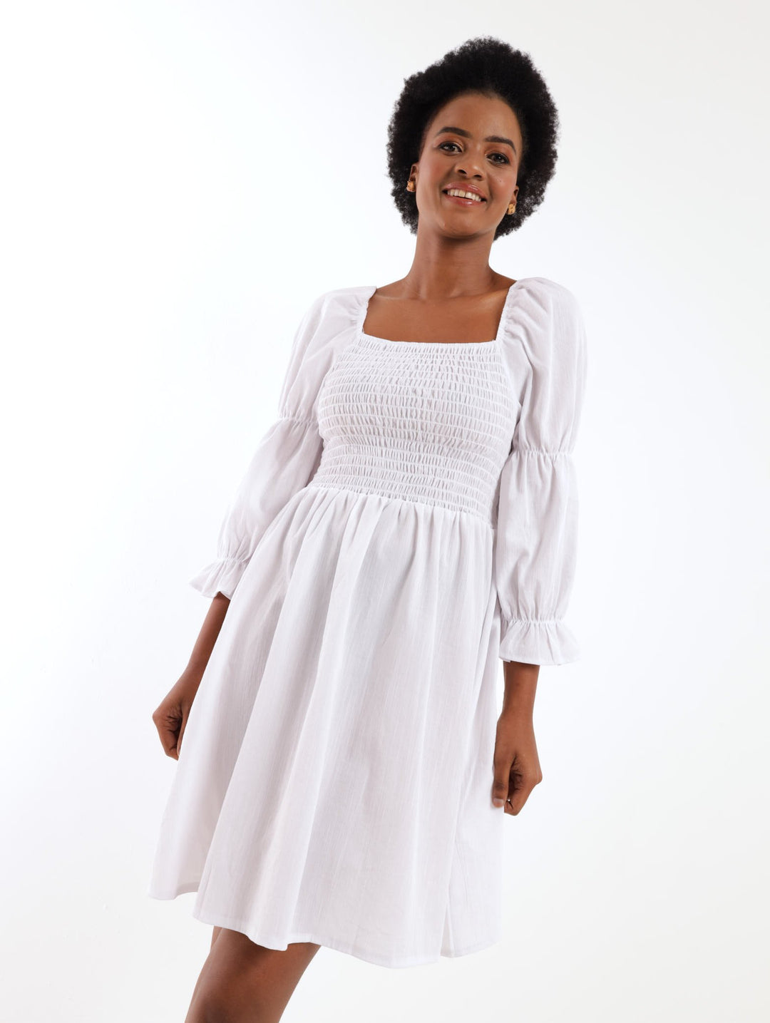 Ladies Shirred Mini Dress - White