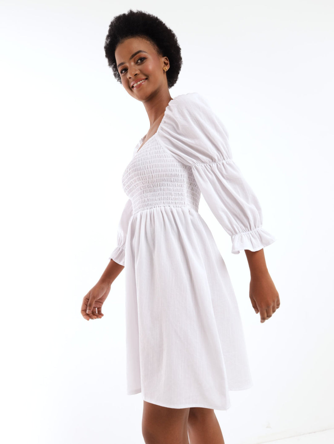 Ladies Shirred Mini Dress - White