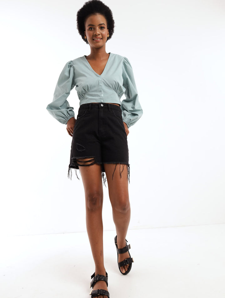 Ladies Ripped Raw Hem Denim Short - Black