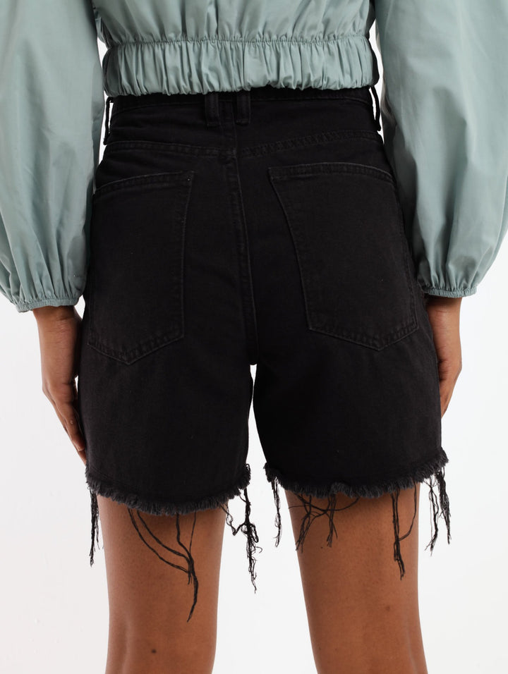 Ladies Ripped Raw Hem Denim Short - Black