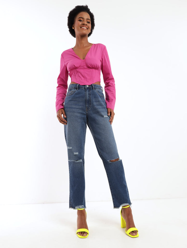 Ladies Long Sleeve Corset Poplin Top - Violet