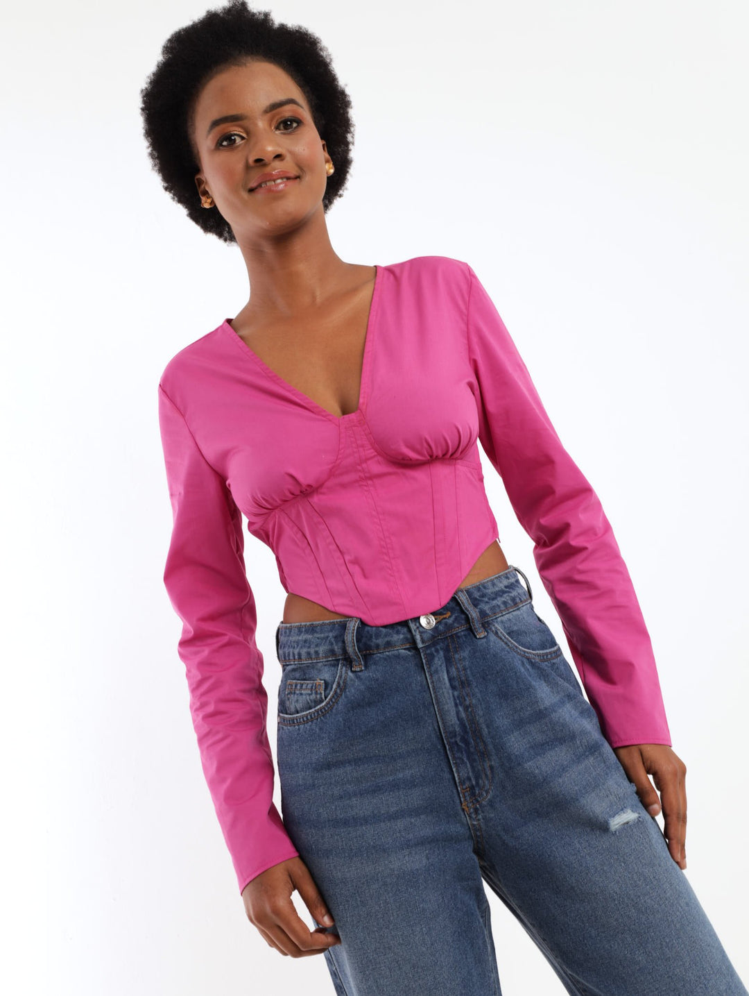Ladies Long Sleeve Corset Poplin Top - Violet