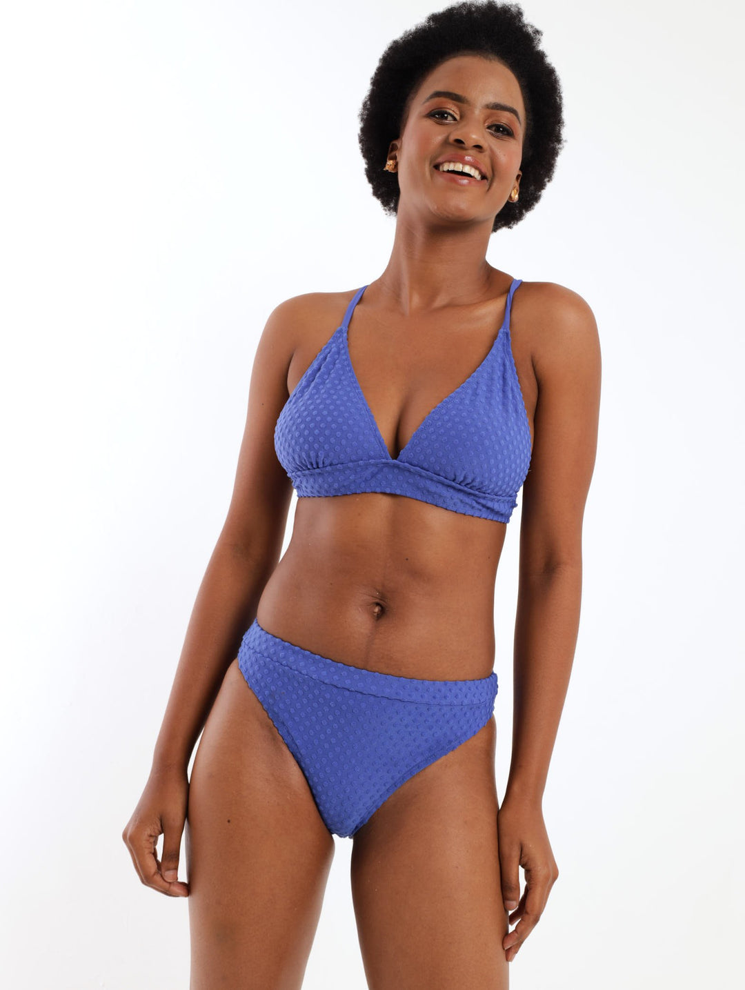 Ladies Texured Spot Back Cross Bikini Swimwear Top - Blue