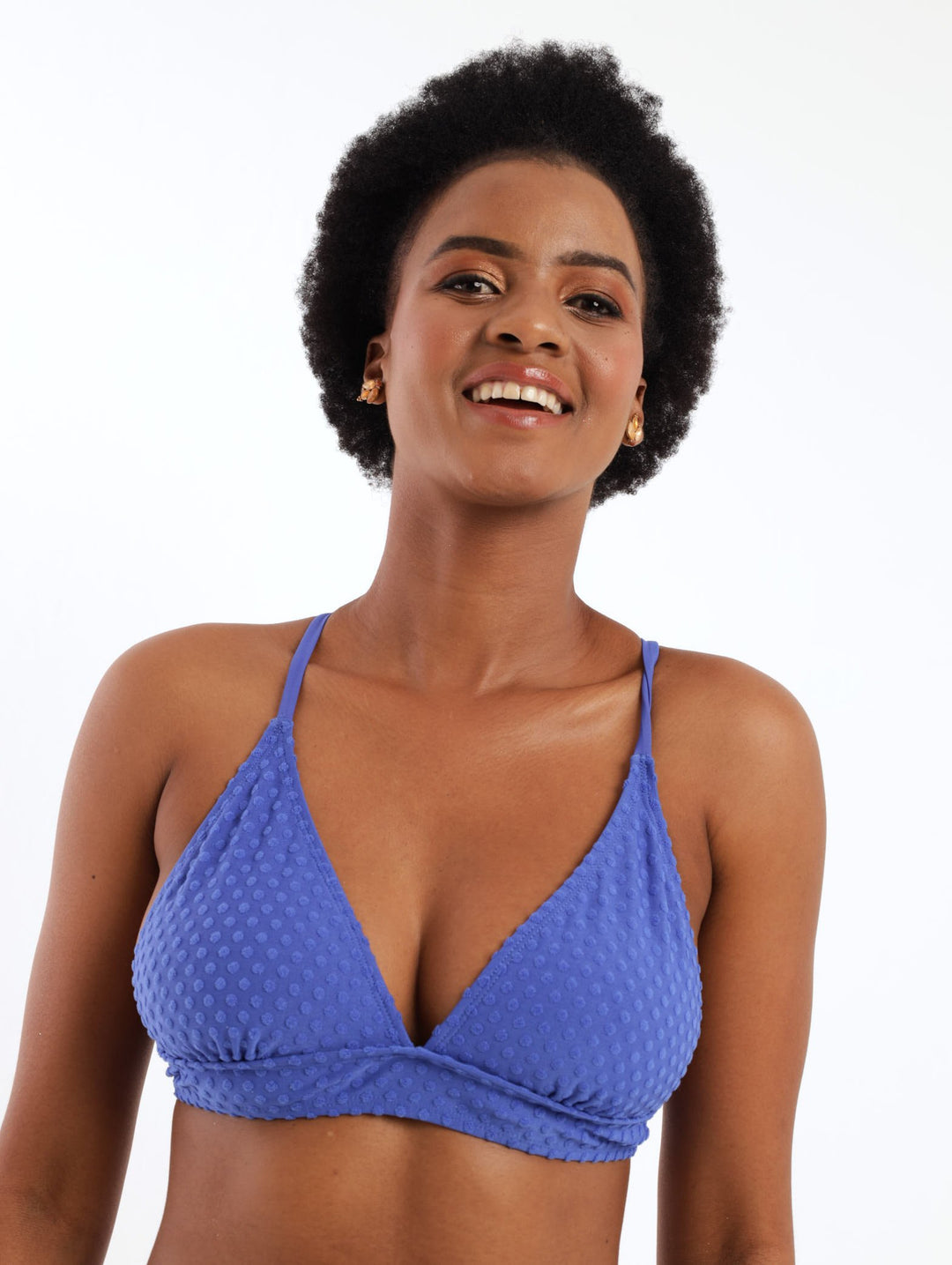 Ladies Texured Spot Back Cross Bikini Swimwear Top - Blue