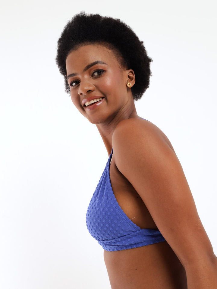 Ladies Texured Spot Back Cross Bikini Swimwear Top - Blue