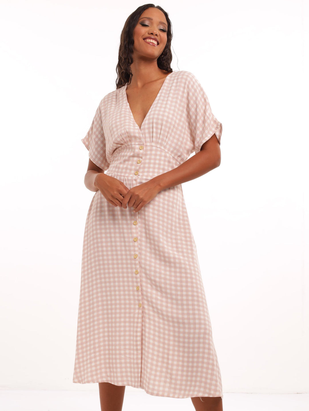 Ladies Button Through Gingham Midi Dress - White/Beige