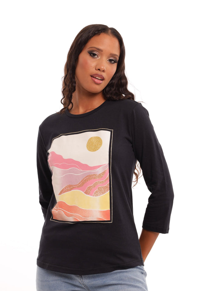 Ladies 3/4 Sleeve Portrait Tee - Black