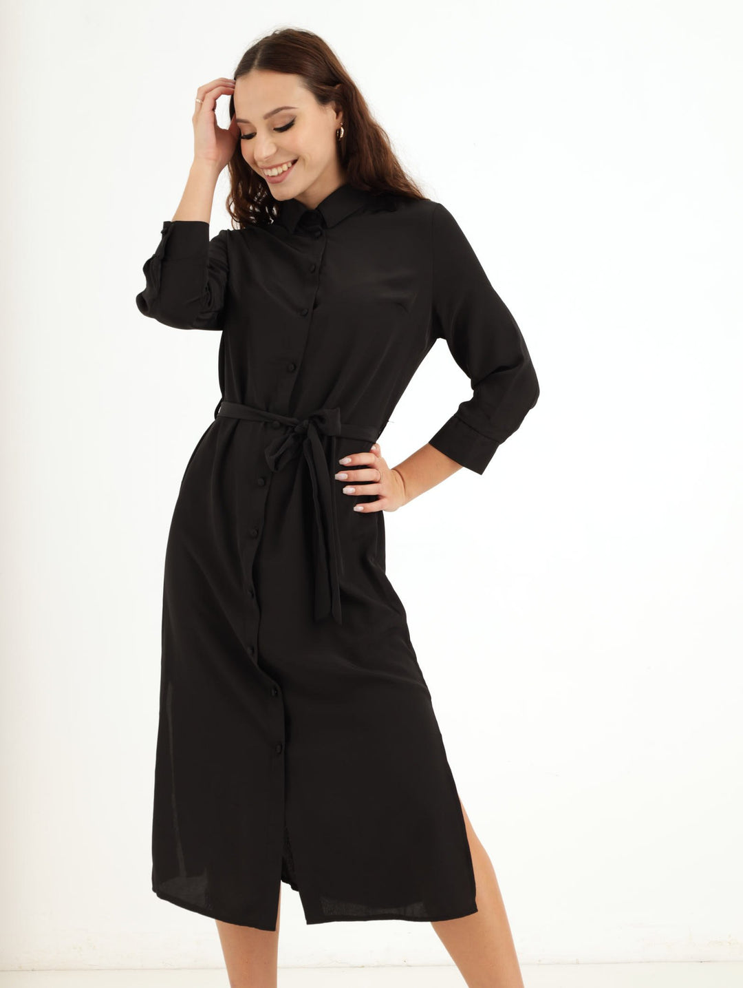 Ladies Midi Shirt Dress - Black