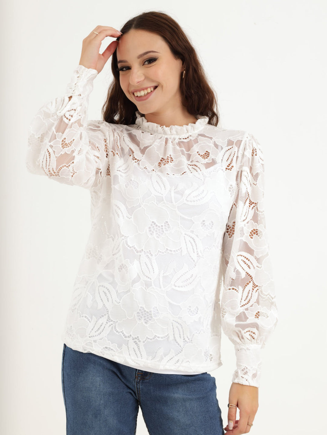 Ladies Lace Hi-Neck Blouse Cream