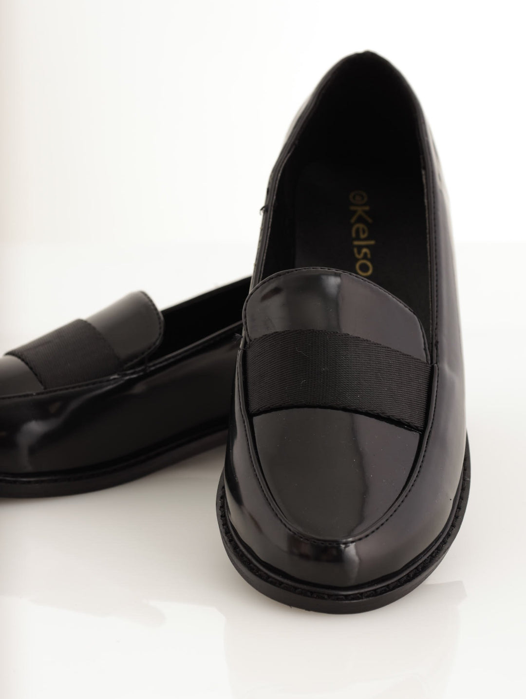 Ladies Plain Loafer With Petersham Strap Overlay - Black