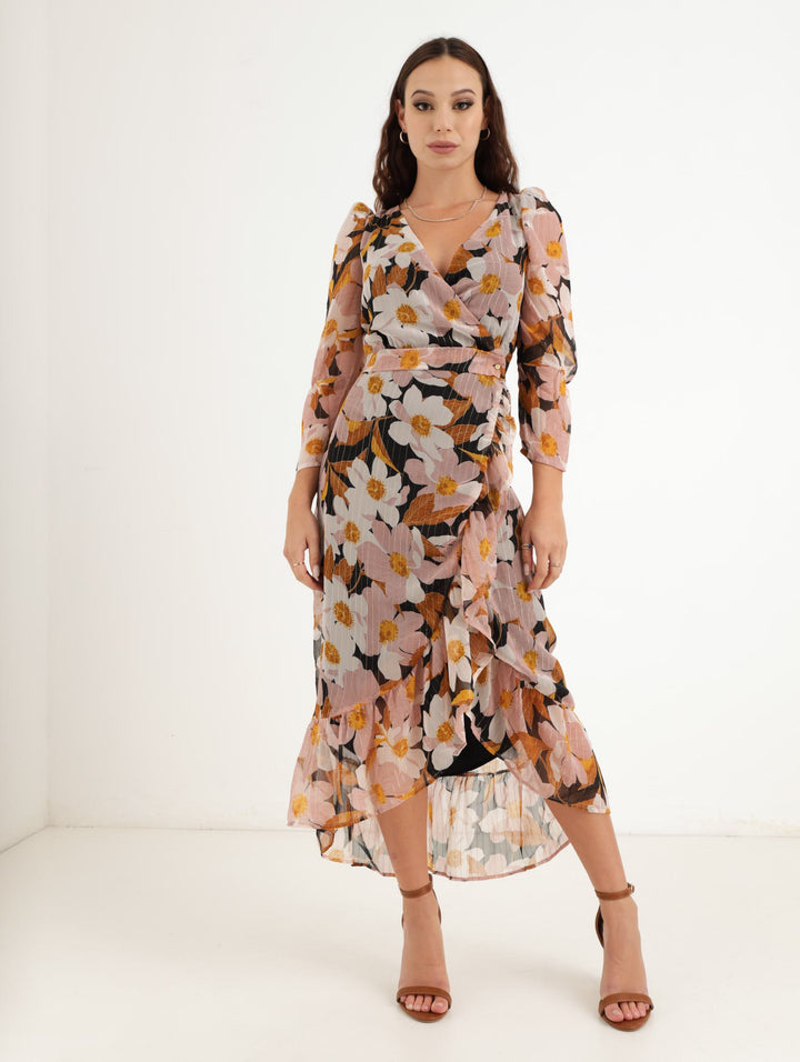 Ladies Lurex Floral Wrap Dress