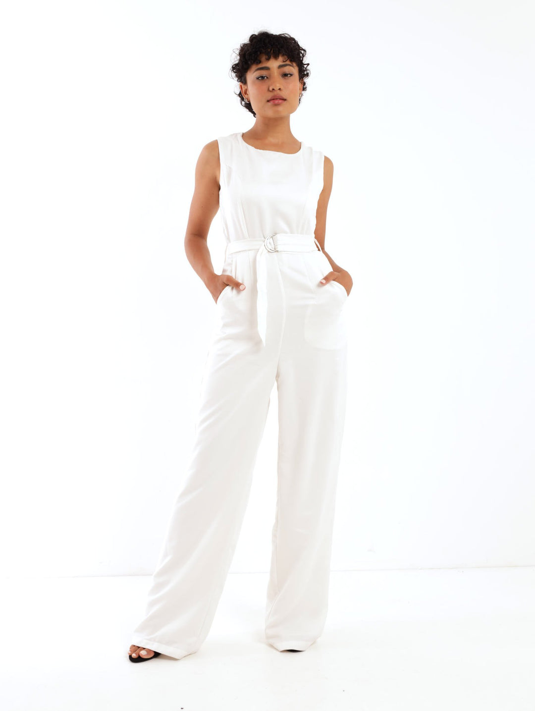 Ladies D-Ring Belted Jumpsuit  - White