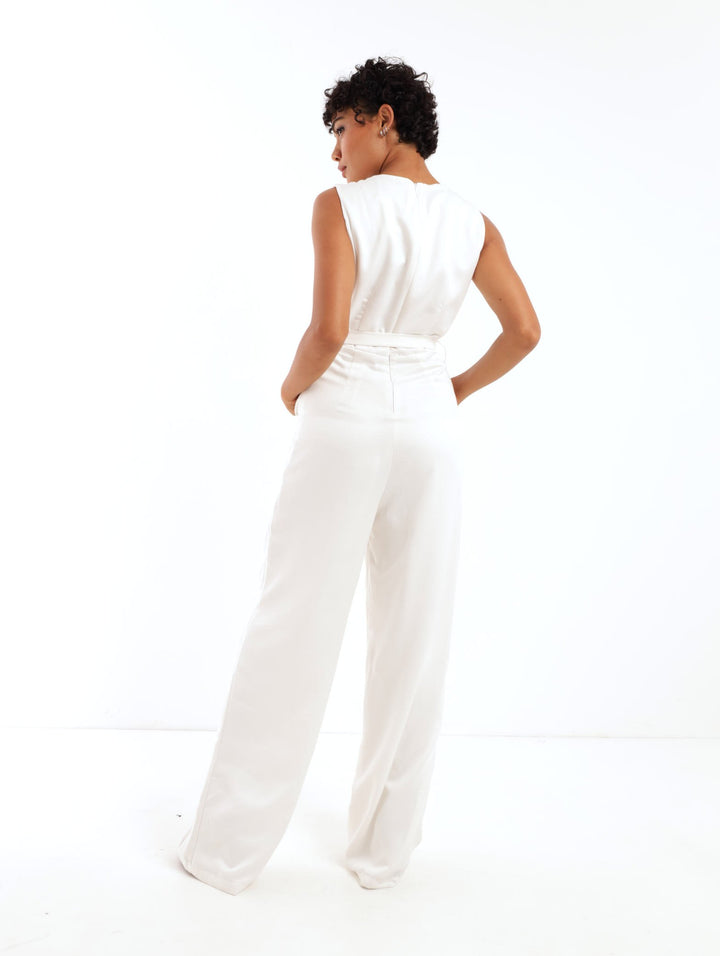 Ladies D-Ring Belted Jumpsuit  - White