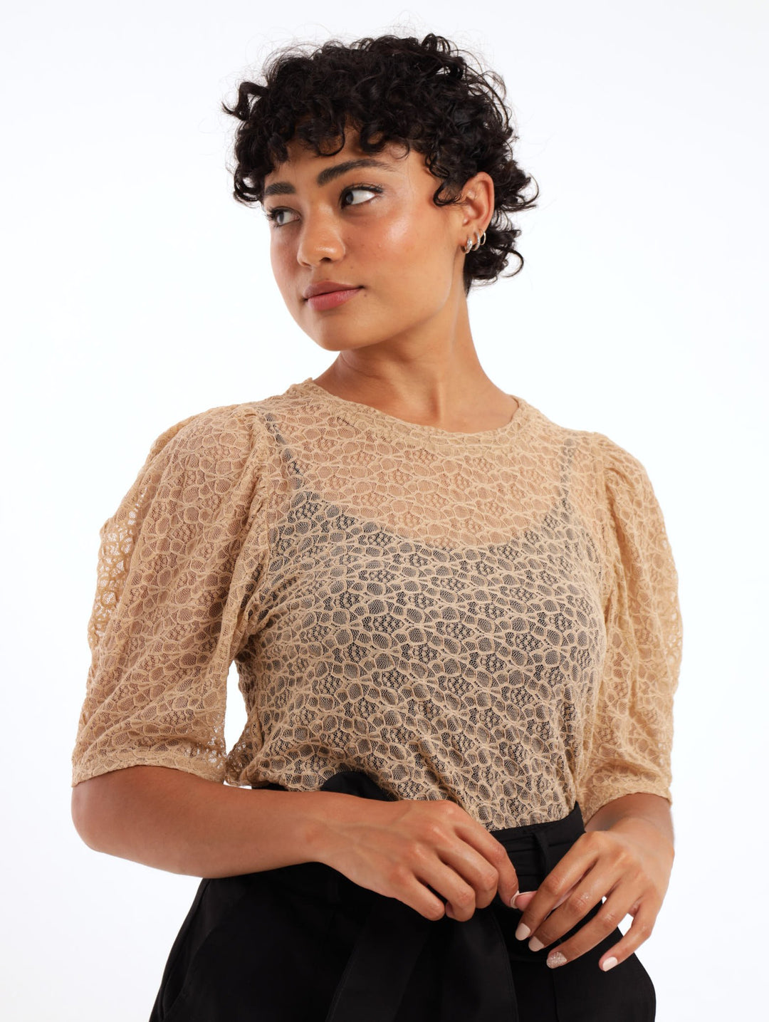 Ladies Short Sleeve Gathered Puff Lace Top - Beige