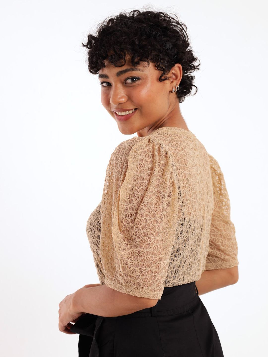 Ladies Short Sleeve Gathered Puff Lace Top - Beige