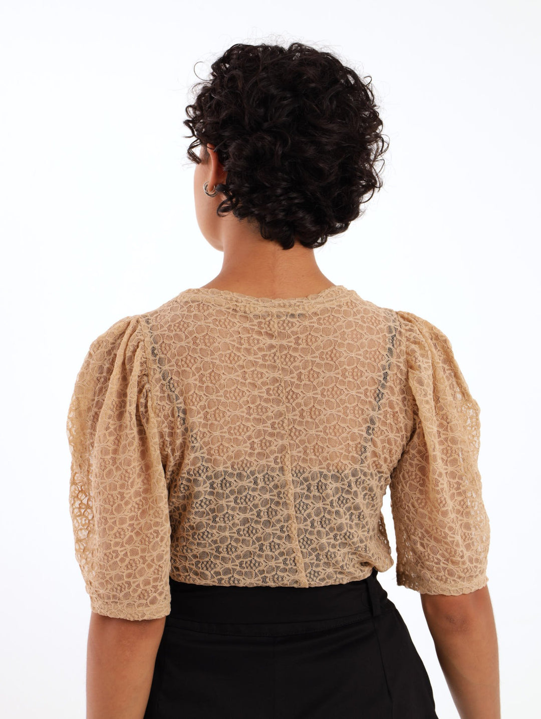 Ladies Short Sleeve Gathered Puff Lace Top - Beige