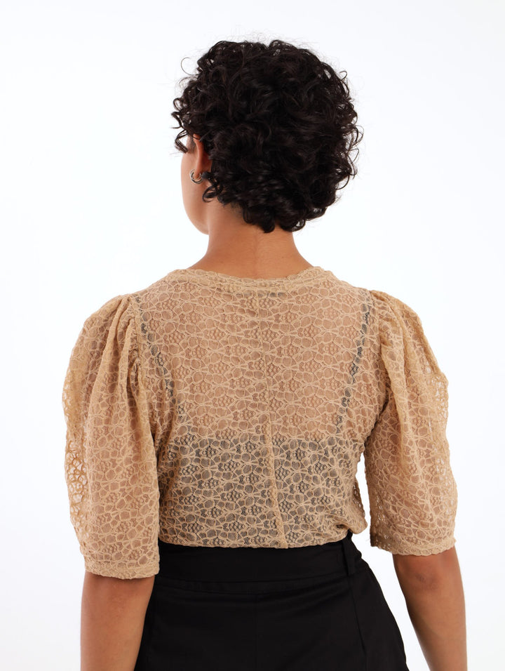 Ladies Short Sleeve Gathered Puff Lace Top - Beige